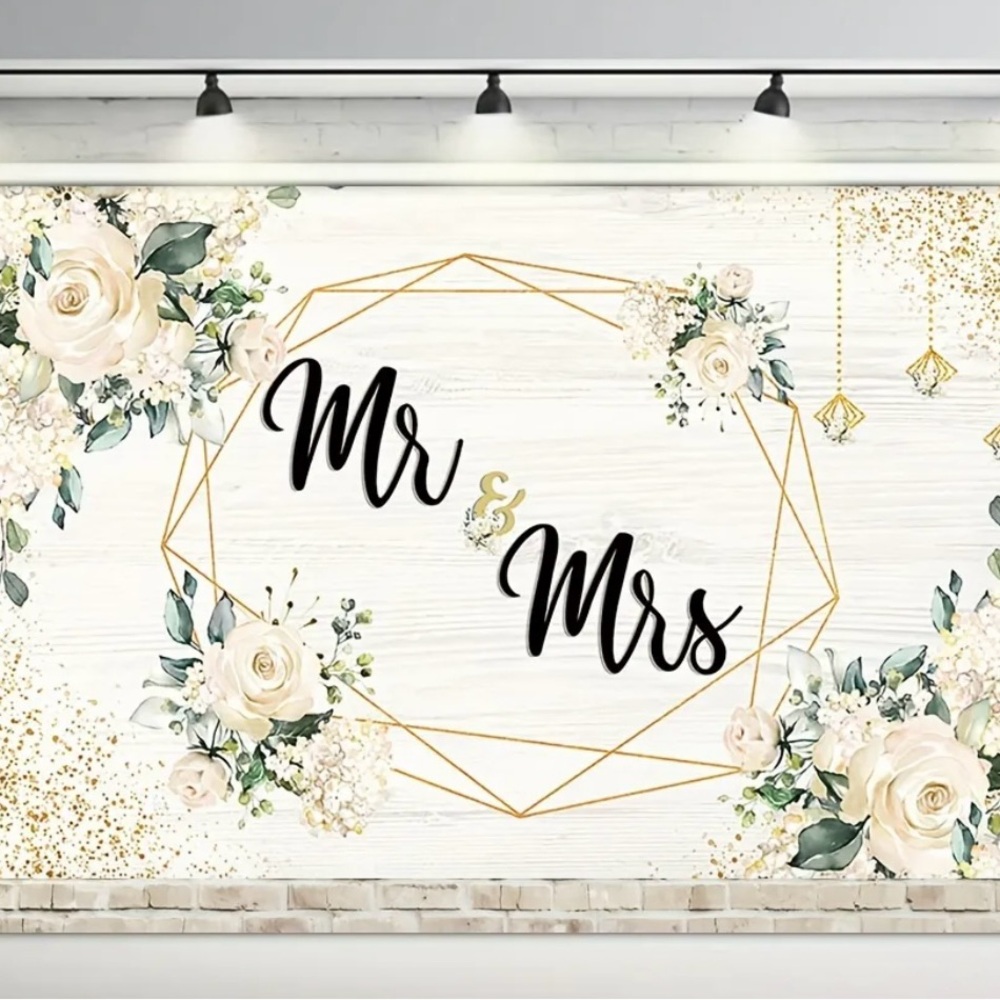 Wedding Backdrop, “Mr & Mrs”, Floral , green & creams. NIP Made of Polyester